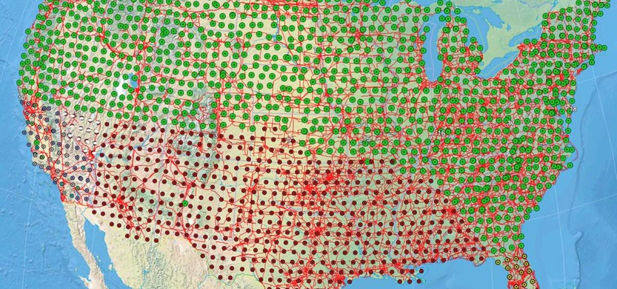 Image depicts a map of the U.S. with a pattern of dots across it in various colors, with each color representing a piece of the mapping project. 