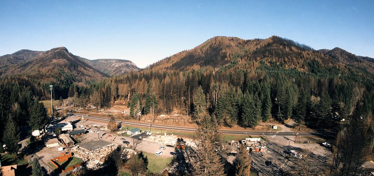 aerial image of wildfire damage in Detroit, Oregon. 