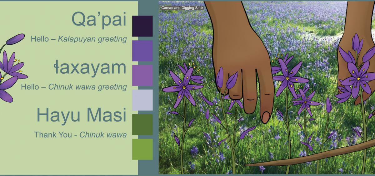 Illustrated sign with image of purple camas flowers and wooden digging stick, along with Chinuk Wawa and Kalapuyan greeting words