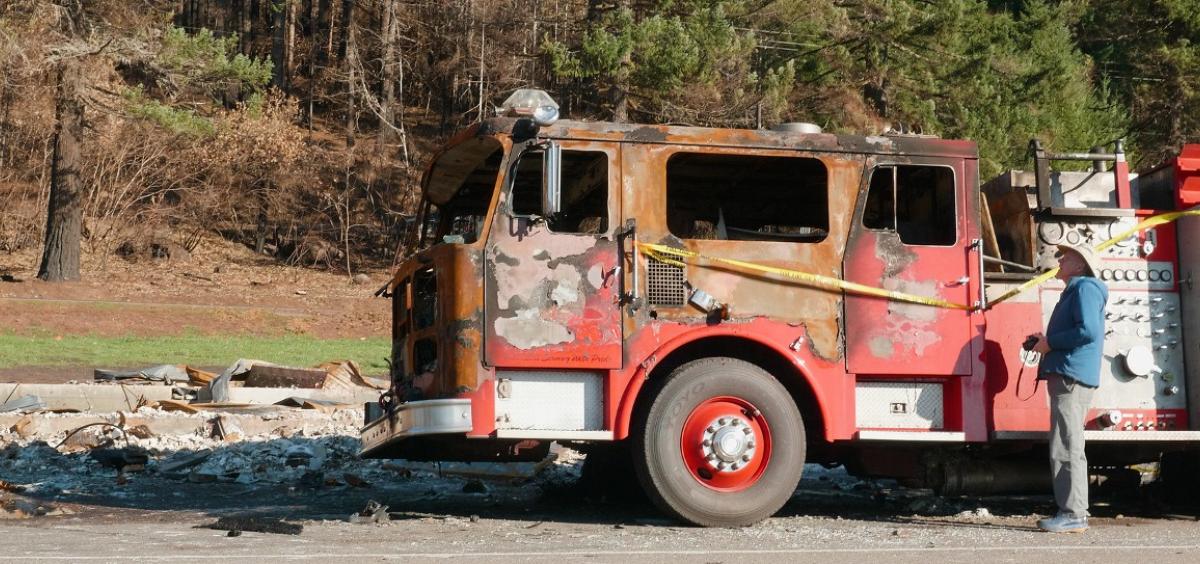 Burned fire truck in Detroit, Oregon. Photo courtesy David Baker, OSU Productions