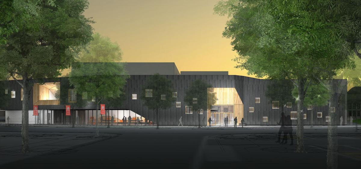 Image is an artist's rendering of what the the east side of the new Patricia Valian Reser Center for the Creative Arts will look like when it's complete. Image is set at sunset. 