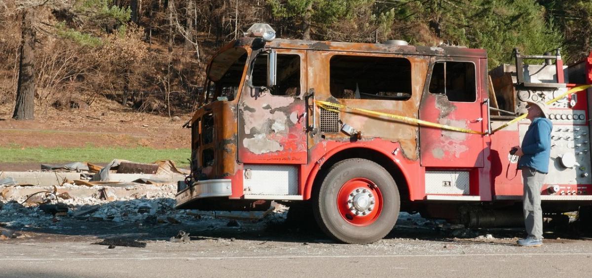 Burned fire engine in Detroit, Oregon; photo by David Baker