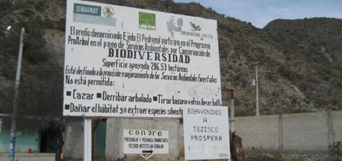 A sign tells visitors in Spanish that this community participates in Mexico’s Payments for Ecosystems Service Program for biodiversity conservation