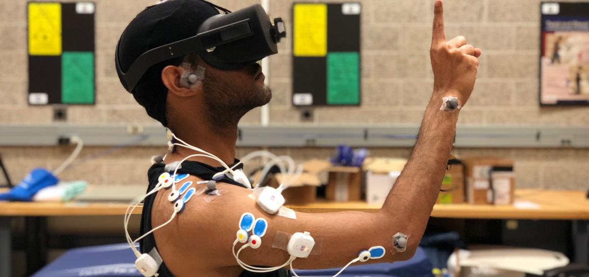Subject wearing motion sensors and VR headset