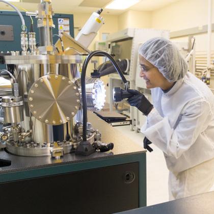 OSU professor of electrical engineering and computer science Pallavi Dhagat will be a key member of OSU's team in a project to advance semiconductor technologies in the Northwest. She is seen depositing a magnetic film for advanced memory devices (photo b