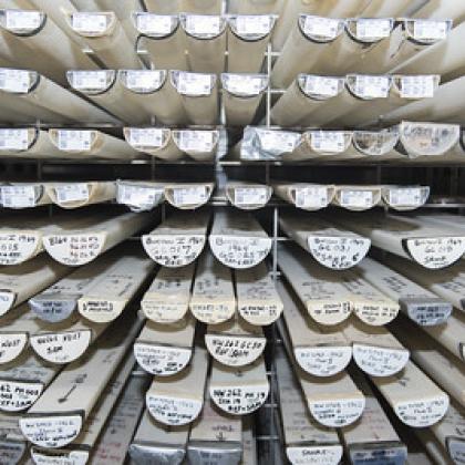 Labels on the ends of stacks of sediment cores stored in the OSU Marine and Geology Repository.
