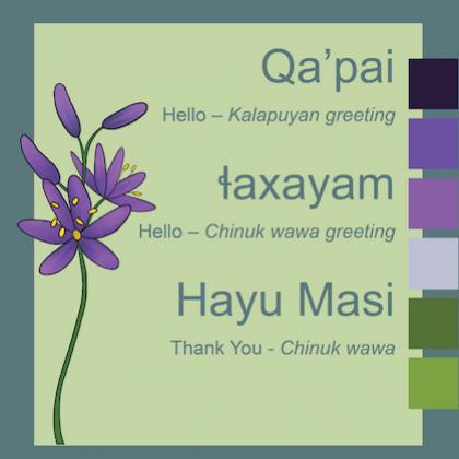 Illustrated sign with image of purple camas flowers and wooden digging stick, along with Chinuk Wawa and Kalapuyan greeting words