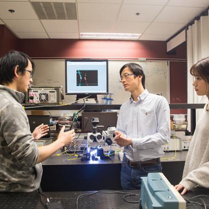 From left, OSU electrical engineering researchers Erwen Li, Alan Wang and Qian Gao (photo by Gale Sumida).