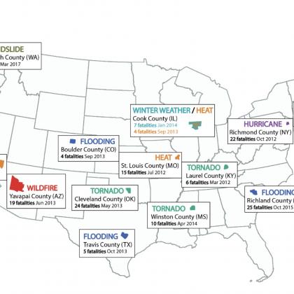 A map showing the 15 extreme weather events included in the study
