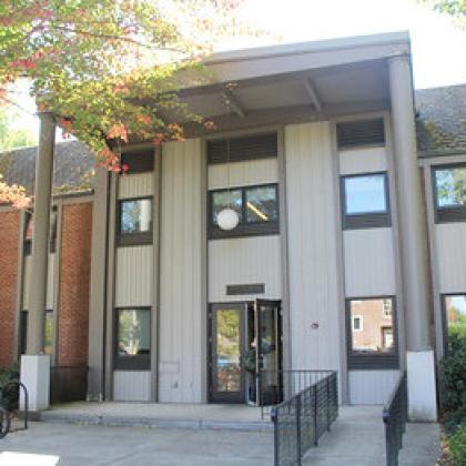 Stock image of Reed Lodge, blocky white and gray building on OSU campus