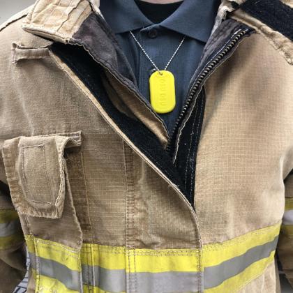 Firefighters in the Kansas City, Missouri, area, wore personal passive samplers in the shape of a military-style dog tag made of silicone on an elastic necklace. The samplers detect chemicals in the air.