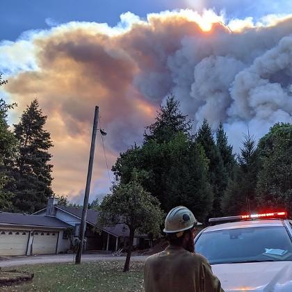 Local authorities respond to the 2020 Slater fire in Happy Camp, California, during the first day of explosive fire growth after which over 90,000 acres were burned and over 200 homes were lost.  (photo by Will Harling,   director of the Mid Klamath Water