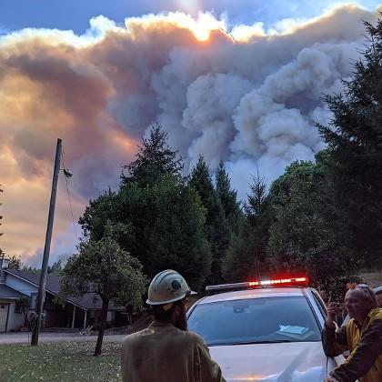 Local authorities respond to the 2020 Slater fire in Happy Camp, California, during the first day of explosive fire growth after which over 90,000 acres were burned and over 200 homes were lost.  (photo by Will Harling,   director of the Mid Klamath Water