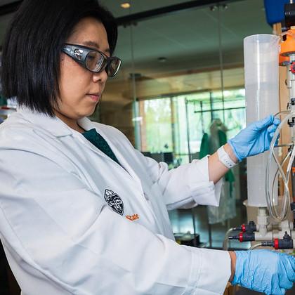 Xue Jin, assistant professor of environmental engineering at Oregon State University, is developing hybrid filtration technology to enable the use of reclaimed water in agriculture, reducing the need for freshwater and chemical fertilizers. Photo by Johan