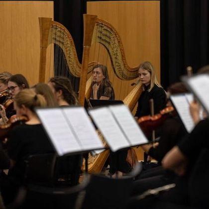 Image of women playing instruments in a symphonic orchestra, with the camera focusing on a young blonde woman sitting at a large harp in the center.