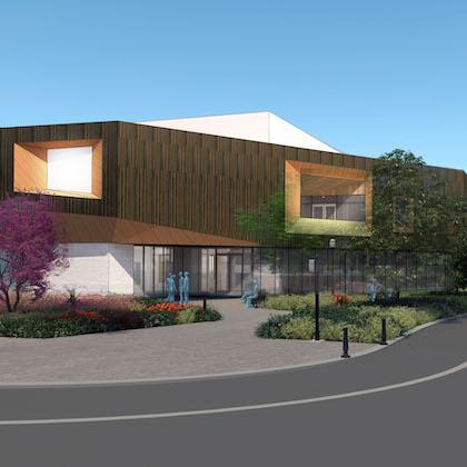 Image is an artist's rendering of what the southeast corner of the new Patricia Valian Reser Center for the Creative Arts will look like when it's finished.