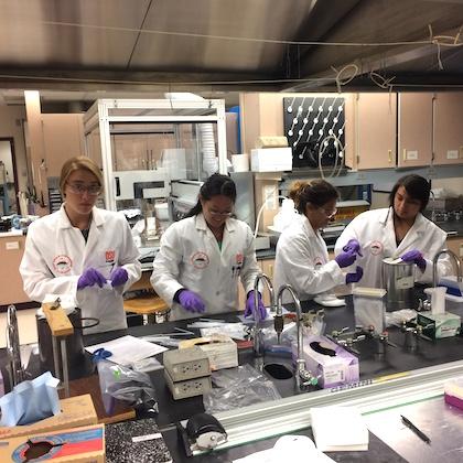Four women in white lab coats and purple latex gloves stand behind a lab bench placing silicone wristbands in plastic bags. 